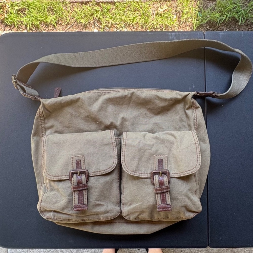 Fossil Khaki Canvas‎ Messenger Crossbody Bag Leather Trim 75082 Mens Womens